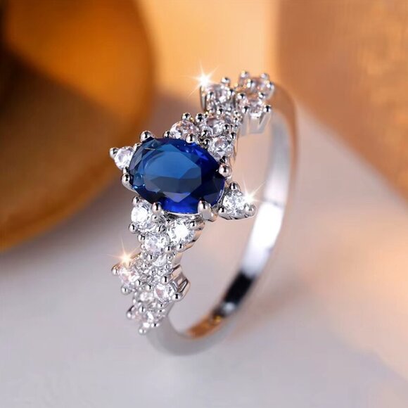 NEW 14K White Gold Blue Sapphire Marquise Cut Diamond Ring - Picture 4 of 6